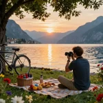 Erkunden der Gardasee Reisetipps bei Sonnenuntergang mit malerischen Ausblicken, lebhaften Blumen und einem Picknick-Setup.