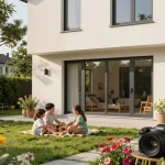 Schöner Garten mit Schüco-Fenstern, die das moderne Wohndesign verbessern und Eleganz sowie Energieeffizienz präsentieren.
