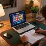 PH22 player engaged in online gaming with vibrant slot machine visuals and strategy notes.