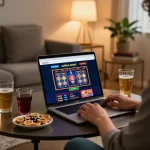 Engaging with casino online esteri on a laptop in a cozy home setting, showcasing responsible gaming.