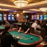 Casino online italiani non aams players strategically betting at a vibrant blackjack table in a luxurious setting.