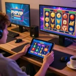 Person gaming on the PHPVIP app, showcasing exciting slot action in a cozy home setting.