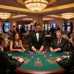 mb668 players placing bets at lavish blackjack tables in an upscale casino environment.
