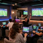 Engaged bettors enjoying live sports in a stylish mk8 betting lounge during an exciting match.