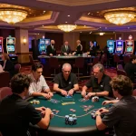 888NEW players engaged in strategic gameplay at an upscale casino table under warm lighting.