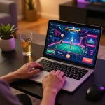 Engaging in dynamic online casino gameplay at DN88 with a sleek laptop and vibrant screen.