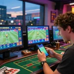 Person enjoying live betting on fb88 with dynamic sports displays and promotional graphics.