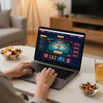 Engaging in RR88 online casino gameplay on a laptop in a cozy home setting