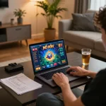 Engaging in game nổ hũ on a laptop in a cozy home setup with vibrant graphics on screen