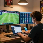 Person analyzing kèo nhà cái for sports betting at home with multiple screens.