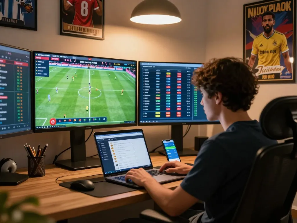 Person analyzing kèo nhà cái for sports betting at home with multiple screens.
