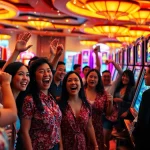 Menang besar di demo slot gacor yang berwarna-warni dengan kegembiraan pemain di kasino.