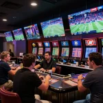 Excited bettors reviewing odds and placing wagers at a sports betting lounge featuring siti scommesse stranieri sicuri