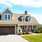 A stunning cape cod home showcasing its attached garage with coastal charm.