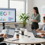 SEO Agentur Team, das in einer modernen Büroumgebung an digitalen Marketingstrategien arbeitet