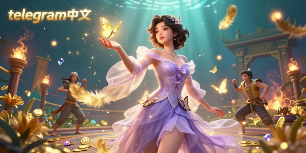 参与充满活力的telegram中文世界，令人惊叹的插图展现了一位亚洲女性在赌场主题的魔幻花园中。