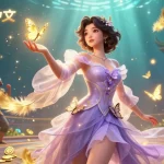 参与充满活力的telegram中文世界，令人惊叹的插图展现了一位亚洲女性在赌场主题的魔幻花园中。