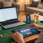 Engaged user playing blackjack on their tablet at home, exploring LLwin center for responsible gaming.