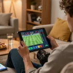 Player placing live sports bets using lc888 app on tablet with engaging atmosphere and sports visuals.