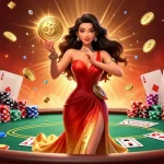 Experience thrilling action at f168 with a radiant Asian woman holding a golden coin amidst poker chips and playing cards.
