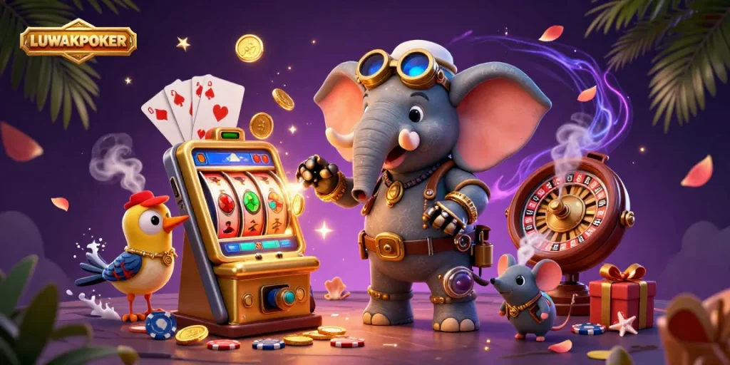 Join the excitement of LUWAKPOKER with steampunk characters operating a dynamic gaming scene.