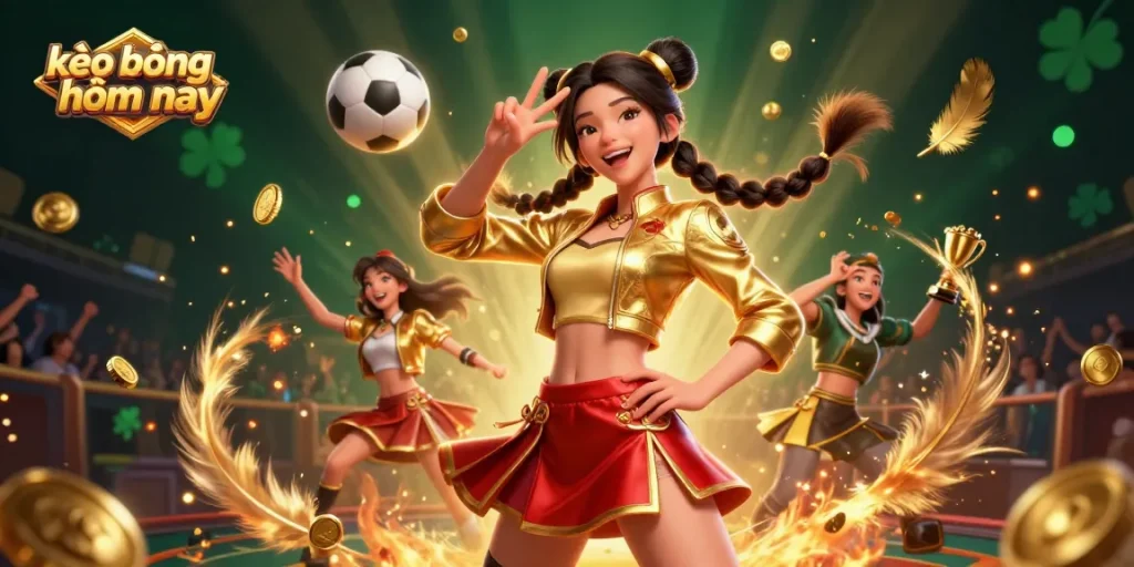 Experience vibrant kèo bóng đá hôm nay with our action-packed sports betting illustration featuring a joyful Asian woman.