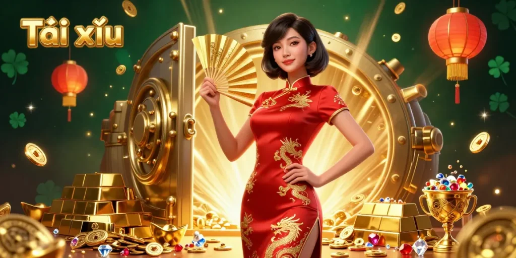 Tài xỉu gameplay featuring vibrant Asian woman in qipao surrounded by gold elements.