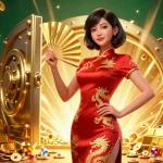 Tài xỉu gameplay featuring vibrant Asian woman in qipao surrounded by gold elements.