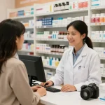 Kunde sucht Rat im Medi Pharma Shop mit Apotheker in einer gut sortierten Apotheke.