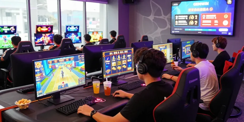 Exciting gaming scene at GEMWIN with players enjoying diverse games and vibrant atmosphere