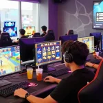 Exciting gaming scene at GEMWIN with players enjoying diverse games and vibrant atmosphere