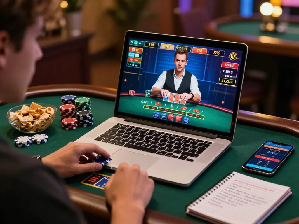 Player enjoying a live blackjack game at dn88 on their laptop, displaying immersive online gaming.