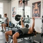 Anabolika Shop Deutschland Fitness-Szene mit einer sportlichen Frau, die Bankdrücken macht, umgeben von Fitnessgeräten und natürlichem Licht.