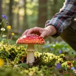 Amanita muscaria kaufen Szene mit einem erfahrenen Sammler, der lebhafte Pilze in einem üppigen Wald untersucht und die Essenz der Natur und des Piljagd einfängt.