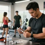 Man demonstrating injection technique in Anabolika Shop setting, showcasing fitness and proper steroid use.