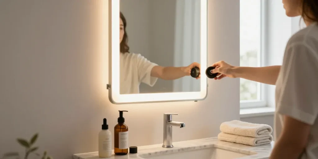 Schöner Infrarotheizung Spiegel mit LED-Beleuchtung in einem modernen Badezimmer.