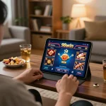 Person enjoying online gambling at home with the 98win tablet interface, emphasizing strategic gameplay