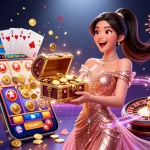 Spectacular view of soi kèo nhà cái showcasing a joyous Asian woman presenting treasures amidst vibrant casino elements.