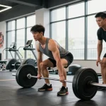 Szene zum Muskelaufbau, die einen Athleten zeigt, der Gewichte hebt, während er Prime Pharma Steroide in einer lebhaften Fitnessumgebung erkundet.