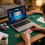 Engaging in online gambling at RR88, showcasing a dynamic live dealer game and a cozy setup.
