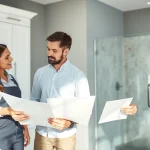 Bathroom remodeling contractors consult with a homeowner showcasing modern design samples.