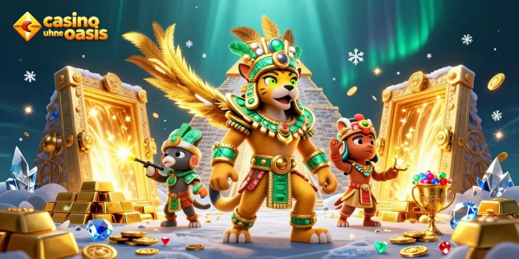 Play exciting games at casino ohne oasis, featuring vibrant 3D illustration of a Mayan priest and treasures.