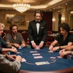 Kkwin players strategizing in a high-stakes poker game at a luxurious casino.