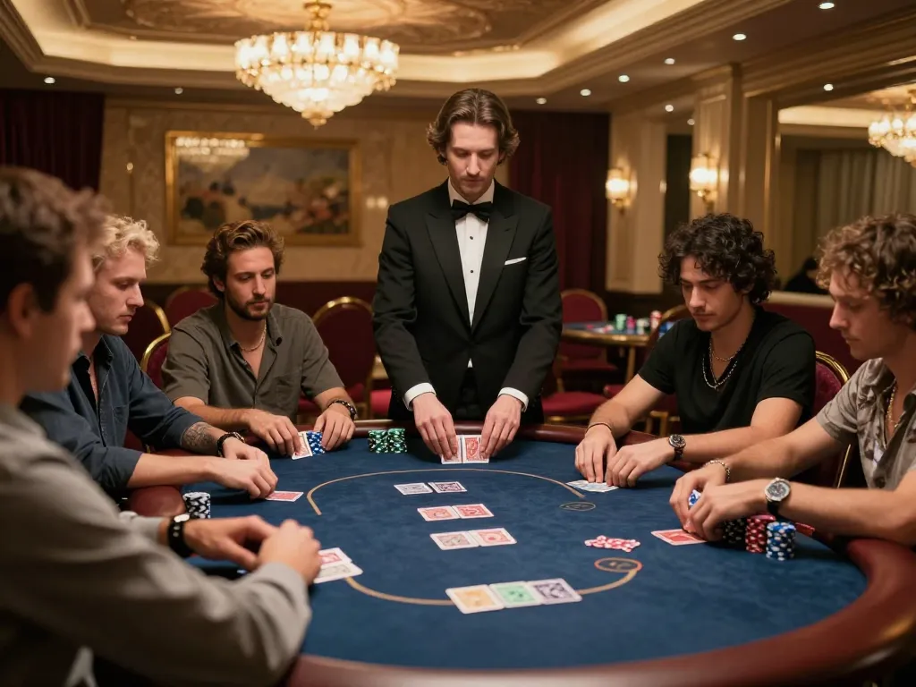 Kkwin players strategizing in a high-stakes poker game at a luxurious casino.