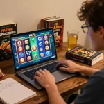 Engaging player enjoying FAFA 828 online slots during a cozy gaming session on laptop.