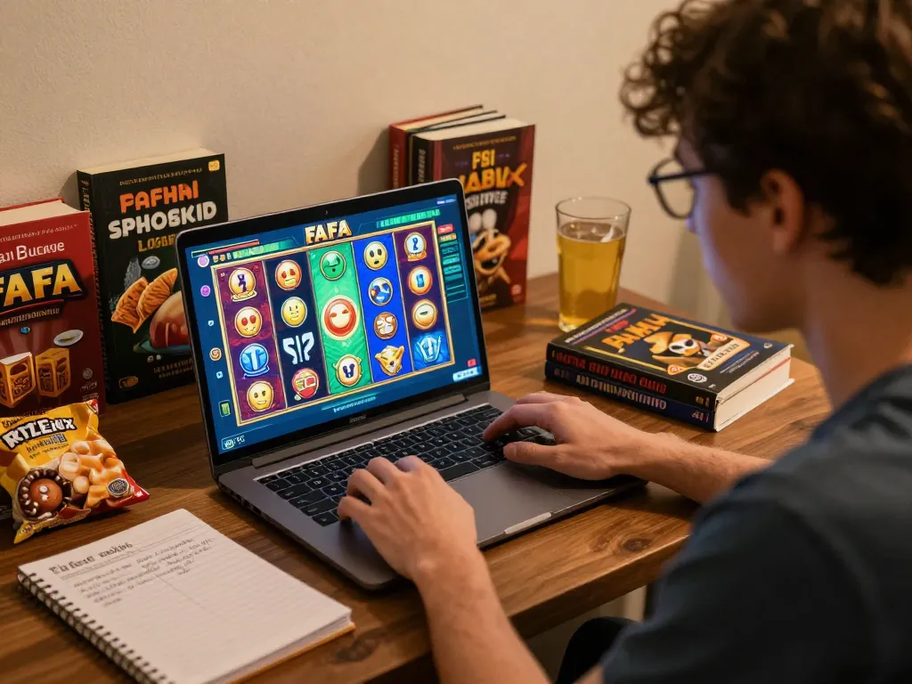 Engaging player enjoying FAFA 828 online slots during a cozy gaming session on laptop.