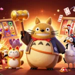 Engage in สล็อตเว็บตรง with cheerful tanuki and fortune cats in a dynamic casino celebration scene.