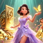 Bảng xếp hạng bóng đá scene with majestic woman among gold coins and dazzling gems, enhancing betting excitement.