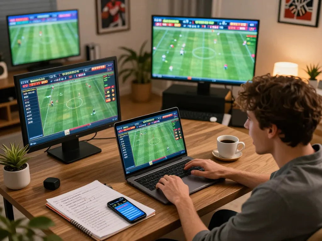 Engaging in sports betting strategy at home with บ้านผลบอล7m displayed on laptop screen.