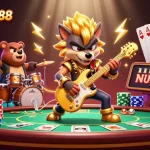 NAGALANGIT88 showcases an exciting casino scene with a cartoon wolf rock star and vibrant poker elements.
